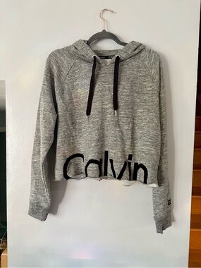 Calvin Klein Performance Grey Heather Raw Hem Cropped Hoodie - Size XL